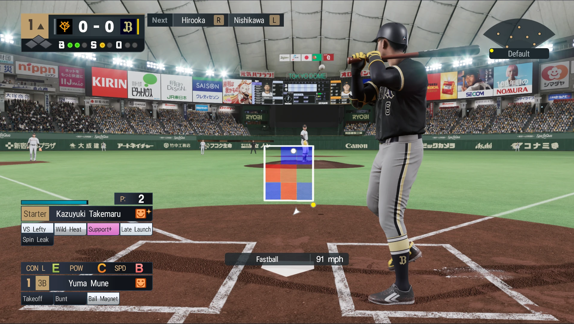 Batting screen showing the strike zone and red and blue batter zones