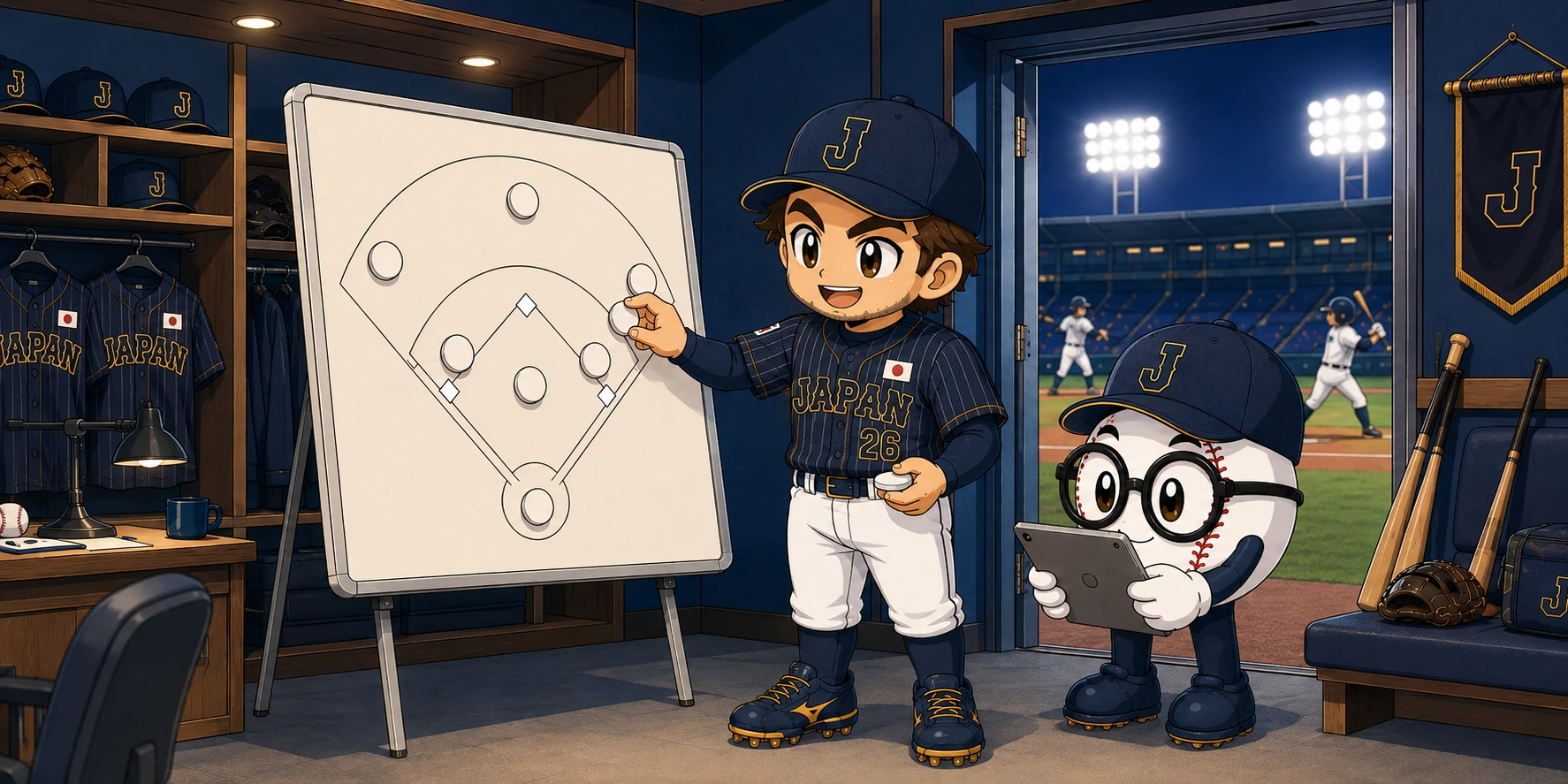 Takumi and Sato reviewing a baseball starting lineup