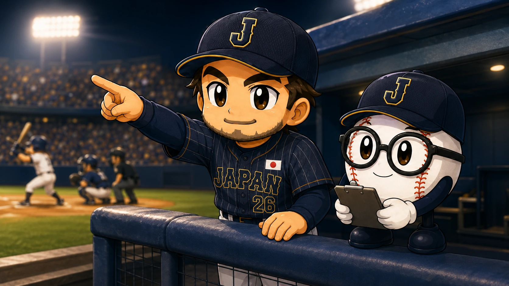 Takumi and Sato coaching a high-school baseball game from the dugout