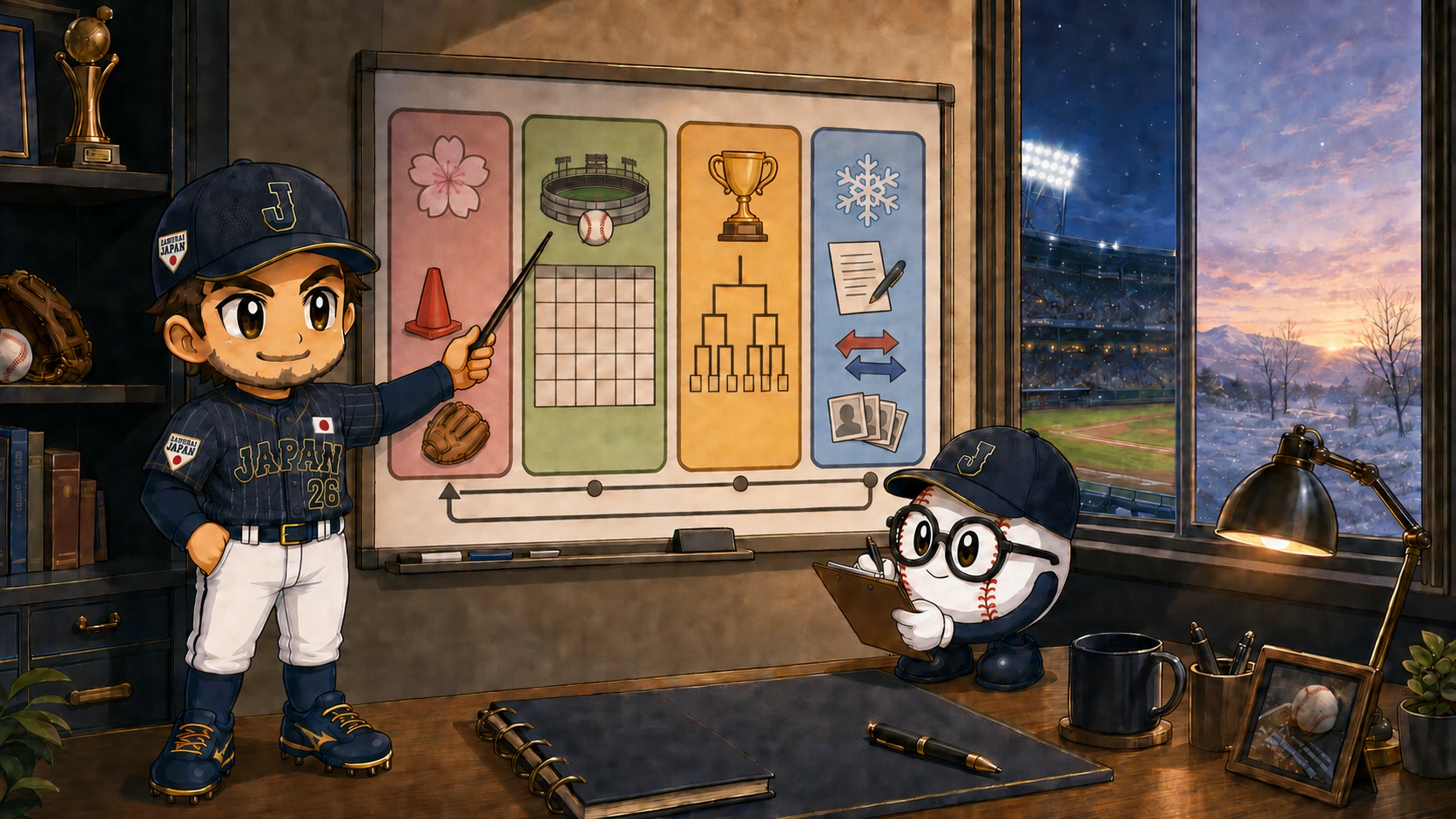 Takumi and Sato planning the annual Pennant Mode calendar