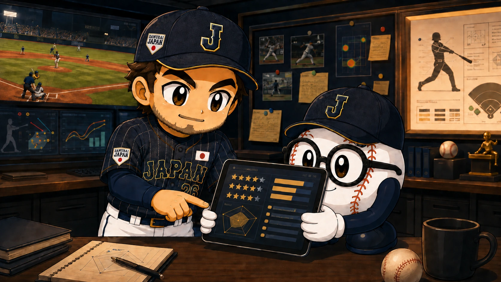 Takumi and Sato analyzing baseball player ratings on a tablet