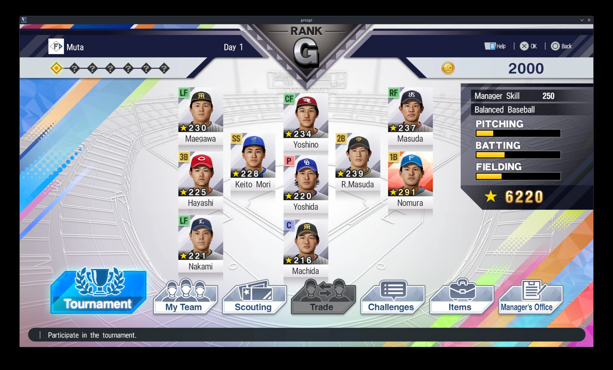 Grand Prix main hub with tournament, team, scouting, trade, challenge, item, and manager routes