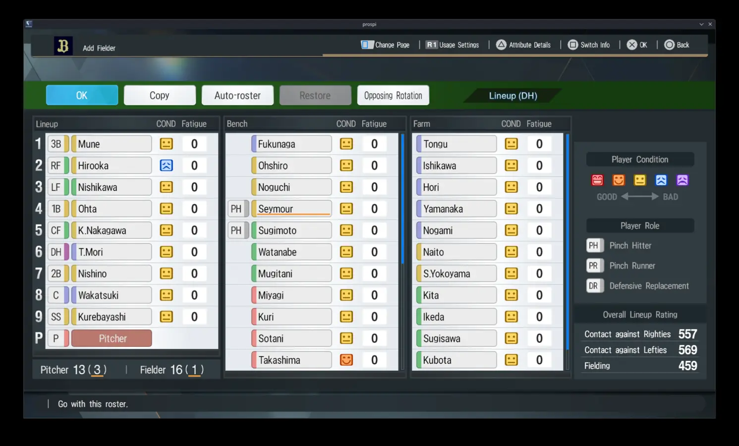 Lineup, bench, and farm management screen