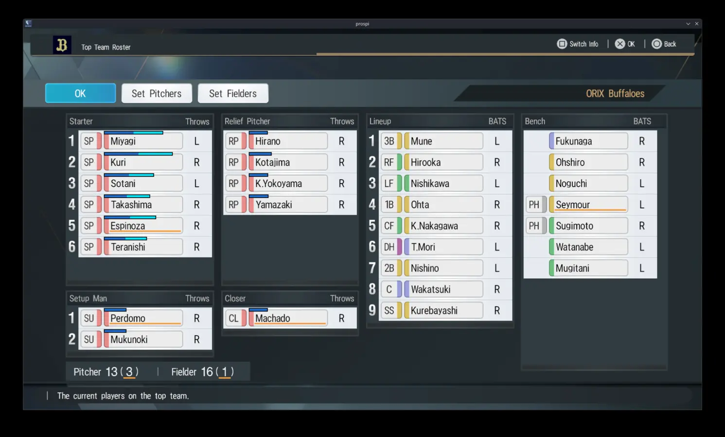 Top team, bench, pitching staff, and farm roster