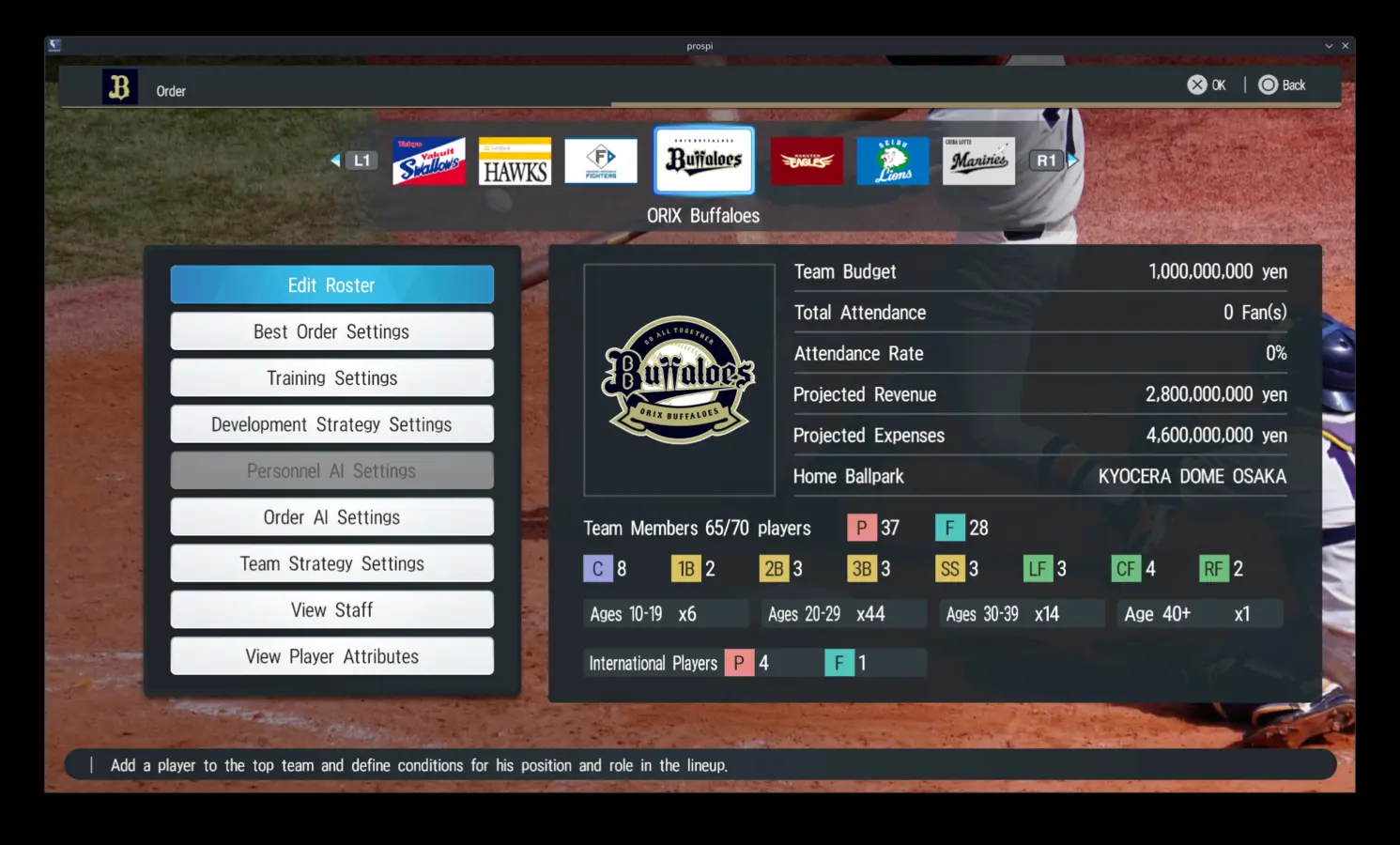 Team overview and budget screen